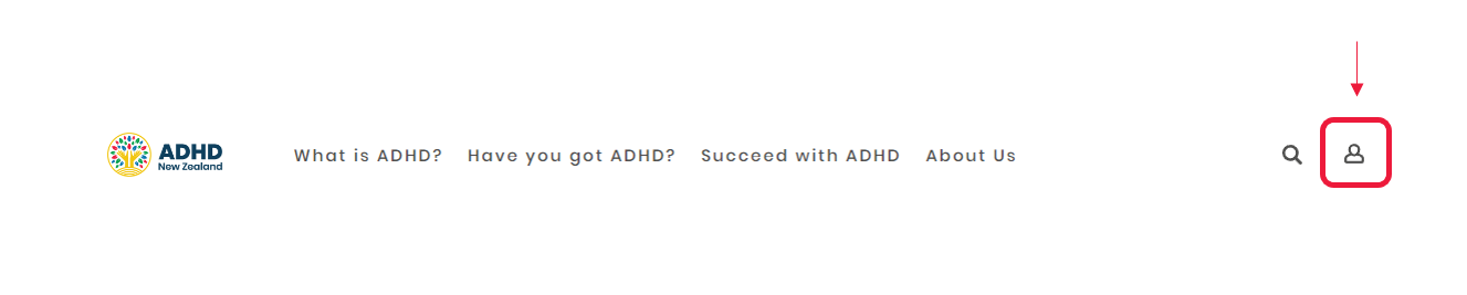 Navigation bar showing login icon on ADHD NZ's website