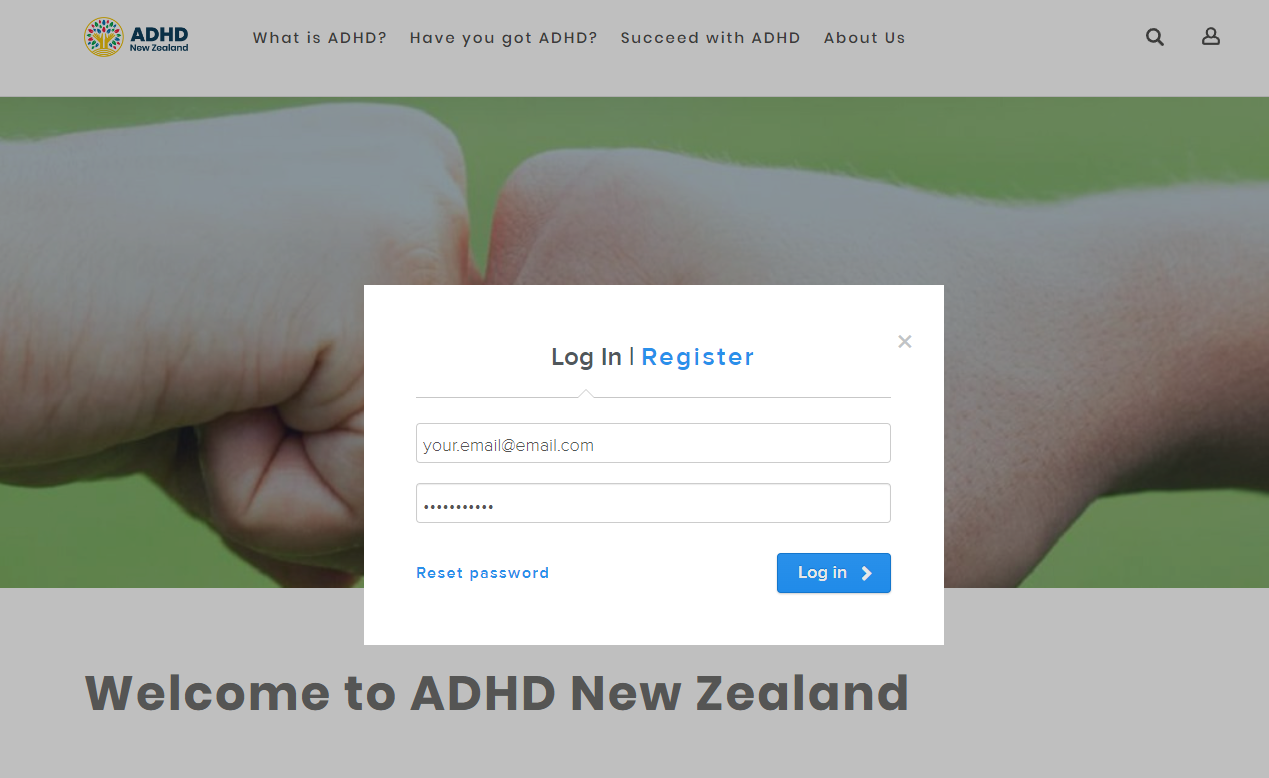 Login fields on ADHD NZ's website