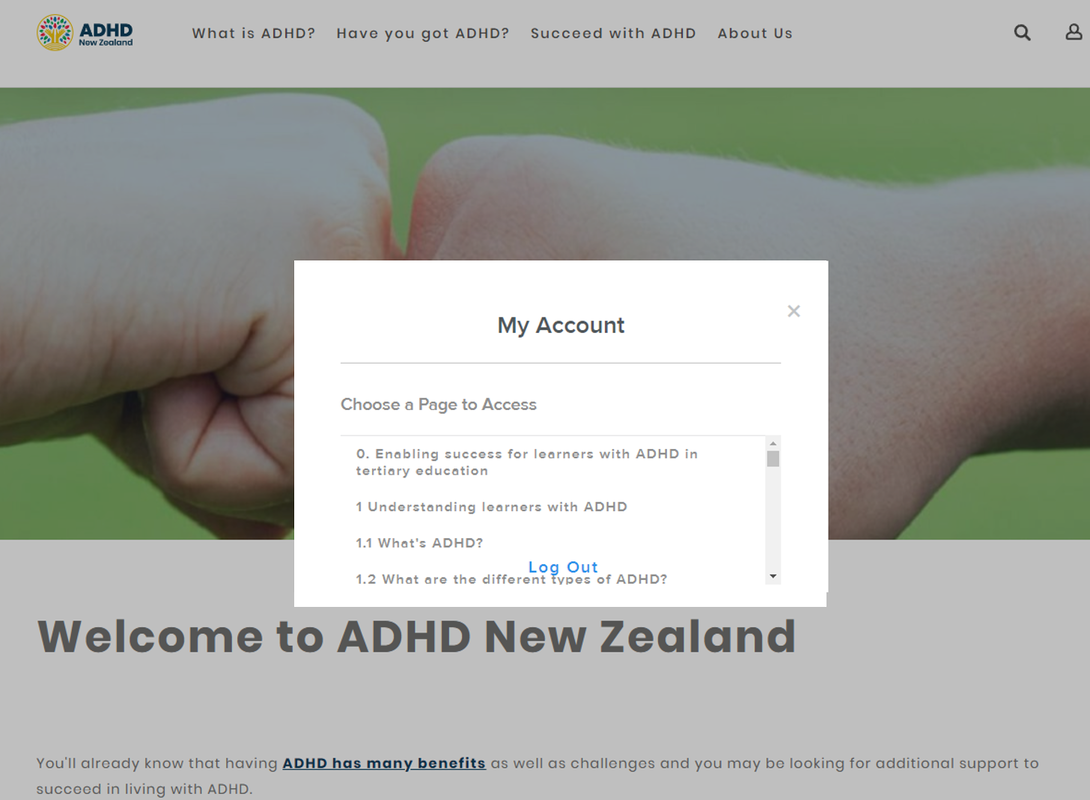 ADHD NZ's my account, choose a webpage menu