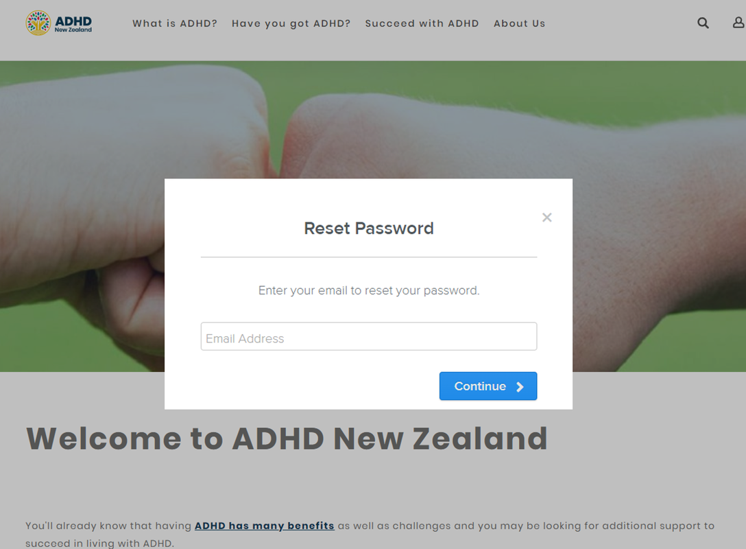 ADHD NZ's reset password website popup box